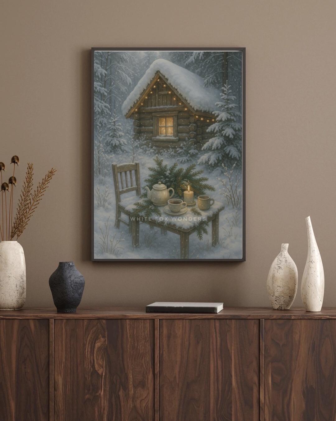 Winter Cabin Art Print – Cozy Snowy Forest Scene With Candlelight ...