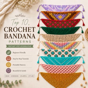 10 Crochet Bandana Patterns Bundle – Tunisian, Picot, Bobble Styles (Digital Download)