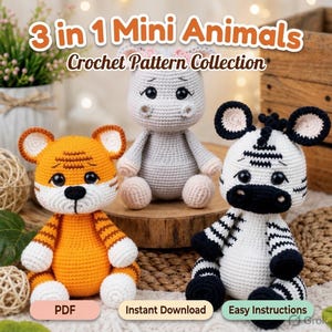 Puede incluir: Una colección de patrones de ganchillo titulada 3 in 1 Mini Animals que muestra tres juguetes de peluche hechos a mano: un tigre naranja y blanco, un hipopótamo gris claro y una cebra negra y blanca. La imagen incluye etiquetas de texto PDF, Instant Download y Easy Instructions.