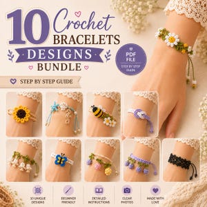 10 Crochet Bracelet Patterns PDF Bundle | 10 Intermediate Designs Flower Butterfly Bee Daisy Ocean Lace | Digital Download Instant PDF