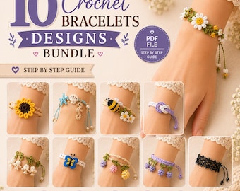 10 Crochet Bracelet Patterns PDF Bundle | 10 Intermediate Designs Flower Butterfly Bee Daisy Ocean Lace | Digital Download Instant PDF