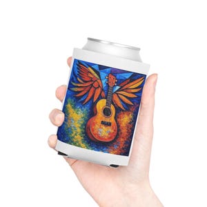 Ukulele with Angel Wings Can Cooler, Colorful Drink Holder, Music Lover Gift, Summer BBQ Essential, Vibrant Party Accessory