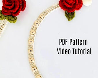 Patrón de clip para chupete de ganchillo – Rosa y soporte para nombre personalizado (tutorial en vídeo en PDF) Regalo DIY para bebé, regalo para recién nacido, ideas para baby shower
