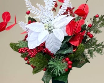 Christmas Cemetery Vase | Red & White Poinsettia Memorial Arrangement