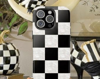 Checkerboard iPhone Case: Black & White Mother of Purl, Tough MagSafe Cover