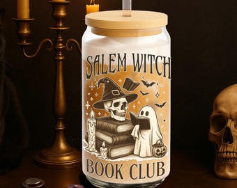Salem Witch Book Club Glass Tumbler: Gothic Halloween Iced Coffee Cup