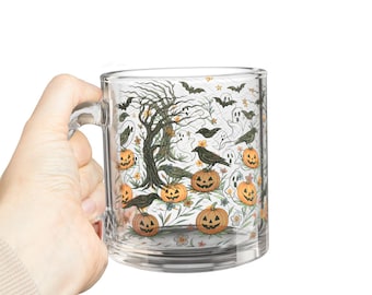 Vintage Halloween Glass Mug: Cottagecore Spooky Forest, Ghosts, Pumpkins