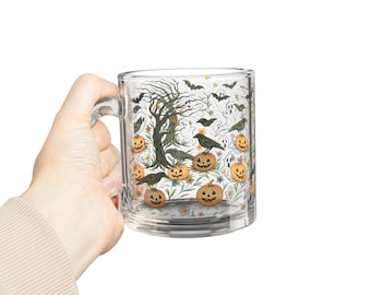 Vintage-Inspired Halloween Glass Mug Spooky Forest Ghosts Ravens & Pumpkins Halloween Cottagecore Drinkware Trick-or-Treat Gift Crystal Cup