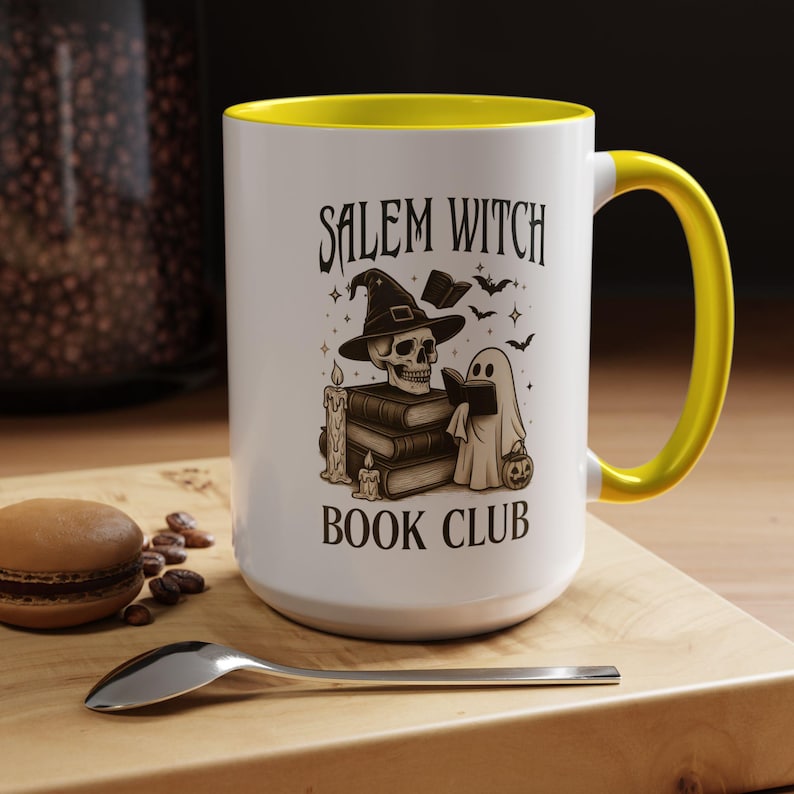 Gothic horror coffee cup with cute ghost design on a kitchen countertop, life setting