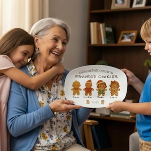 May include: An oval ceramic platter with the text "Grandma's Favoured Cookies" and gingerbread people illustrations. The platter is held by a smiling woman and two children. The cookies are named Sam, Luke, Rose, and Josie.