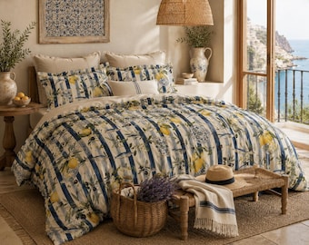Mediterranean Lemon Sardine Coastal Cotton Duvet Cover Set Amalfi Italian Bedding Gift Decor