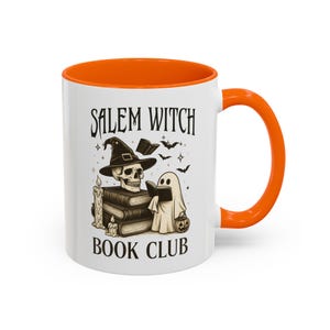 Halloween coffee cup with witch and book club design, scull and ghost with bright orange accent