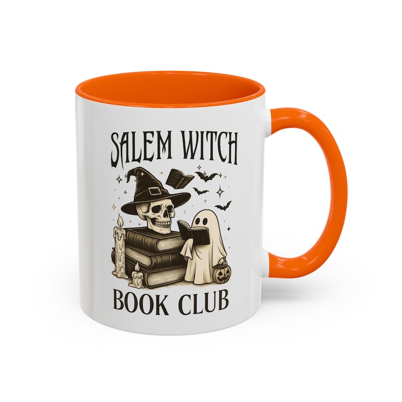 Halloween coffee cup with witch and book club design, scull and ghost with bright orange accent