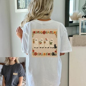 Halloween Ghost Shirt Double Sided Faux Embroidered Style Pocket Tee, Cute Spooky Season Floral Ghost Shirt, Fall Witchy Gift Funny tshirt