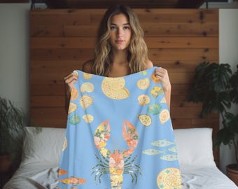 Custom Name Blanket Floral Ocean Velveteen Plush Blanket Coastal Lobsters Shells Throw Boho Plush Sea Blanket Personalized Beach Towel