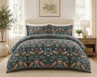 Ropa de cama William Morris Strawberry Thief, funda nórdica floral estilo cottagecore, regalo de decoración vintage para dormitorio con motivos botánicos y de aves.