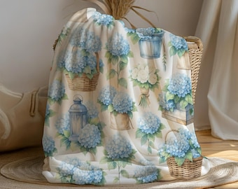 Blue Hydrangea Velveteen Throw Blanket: Cottagecore Floral Print
