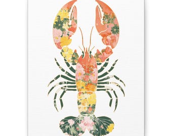Floral Lobster Canvas Art, Colorful Home Decor, Nautical Wall Decor, Beach House Art, Unique Gift for Seafood Lovers