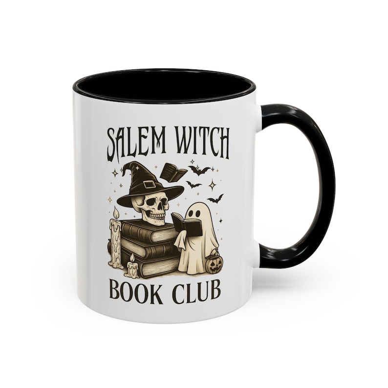 Spooky season mug with ghost and gothic fall theme bookish Halloween which club with black accents