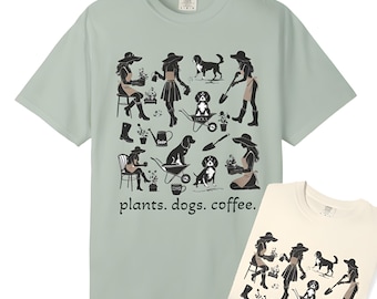 Camiseta "Plantas, Cachorros e Café": Camiseta unissex para amantes de jardinagem, Comfort Colors, presente para mães e pais jardineiros.