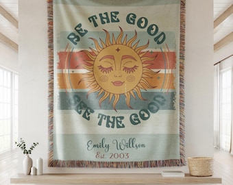 Personalized Sun Woven Cotton Blanket | Bohemian Fringed Throw