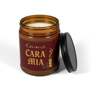 Custom Cara Mia Candle, Personalized Gothic Name Jar, Romantic Dark Gift, Amber Glass Rose Label, Spooky Halloween Home Decor