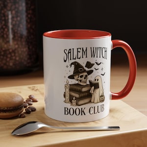 Witchy mug gift idea for book lovers and Halloween partiesm salem witch theam bookish aestetics, red accents