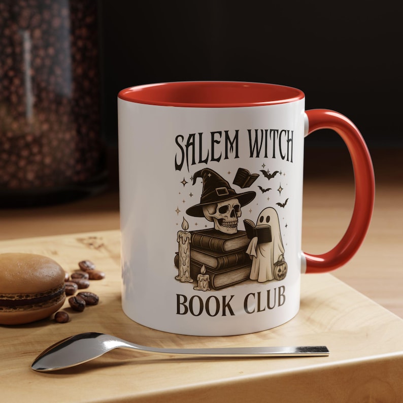Witchy mug gift idea for book lovers and Halloween partiesm salem witch theam bookish aestetics, red accents