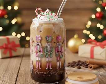Nutcracker Iced Coffee Glass Tumbler: 16oz Personalized Christmas Drinkware Gift