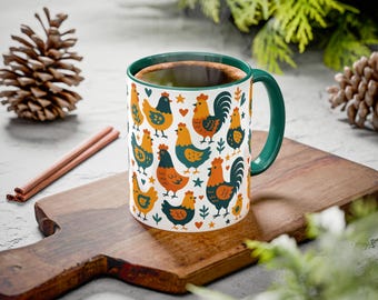 Whimsical Chicken Mug: Colorful Farmhouse Ceramic Coffee Cup  Gift for Farm Lovers