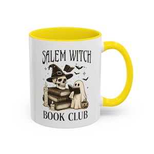 Cute witchy coffee mug for book lovers and Halloween fans yellow accent