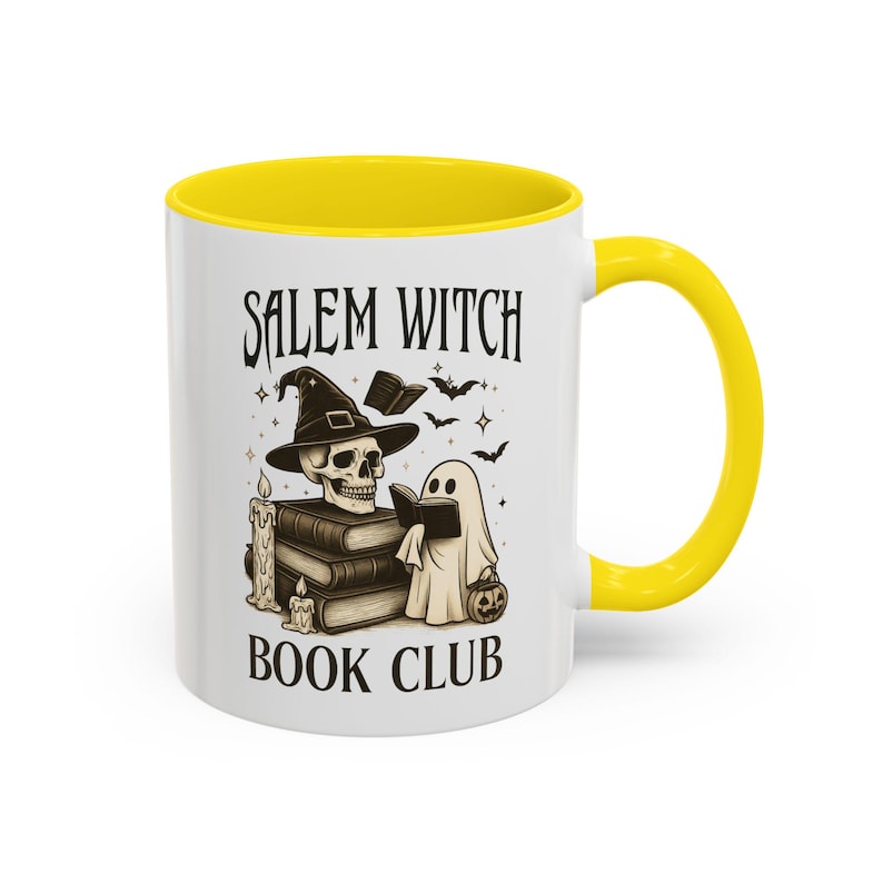 Cute witchy coffee mug for book lovers and Halloween fans yellow accent
