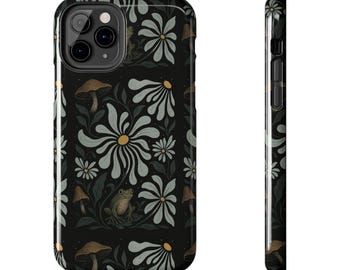 Telefoonhoesje kikker en paddenstoel: donker cottagecore-bloemdessin