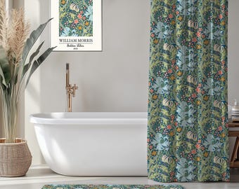 William Morris Shower Curtain, GOLDEN LILY Botanical Pattern, Boho Green Dark Cottagecore Bath Decor, Art Nouveau Style, Housewarming Gift