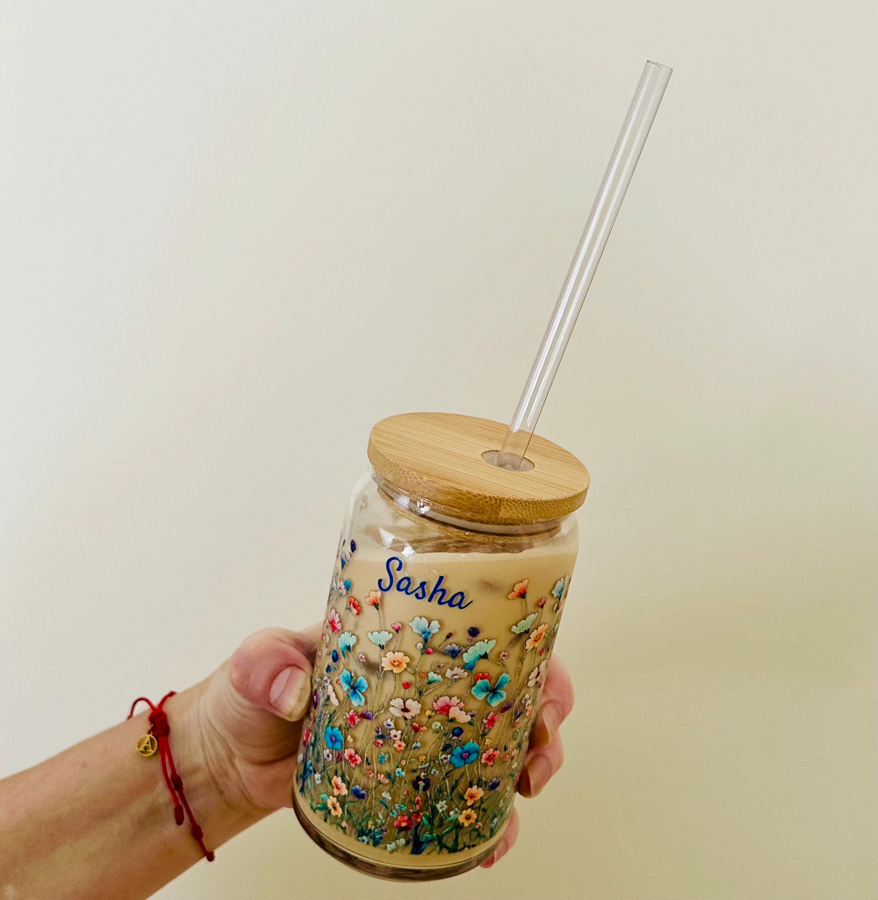 Personalized Wildflower Ice Cofee Glass Cup with Lid Custom Name Tumbler Gift For Her Floral Cottagecore Can Sipping Glass  16 Oz Drinkware