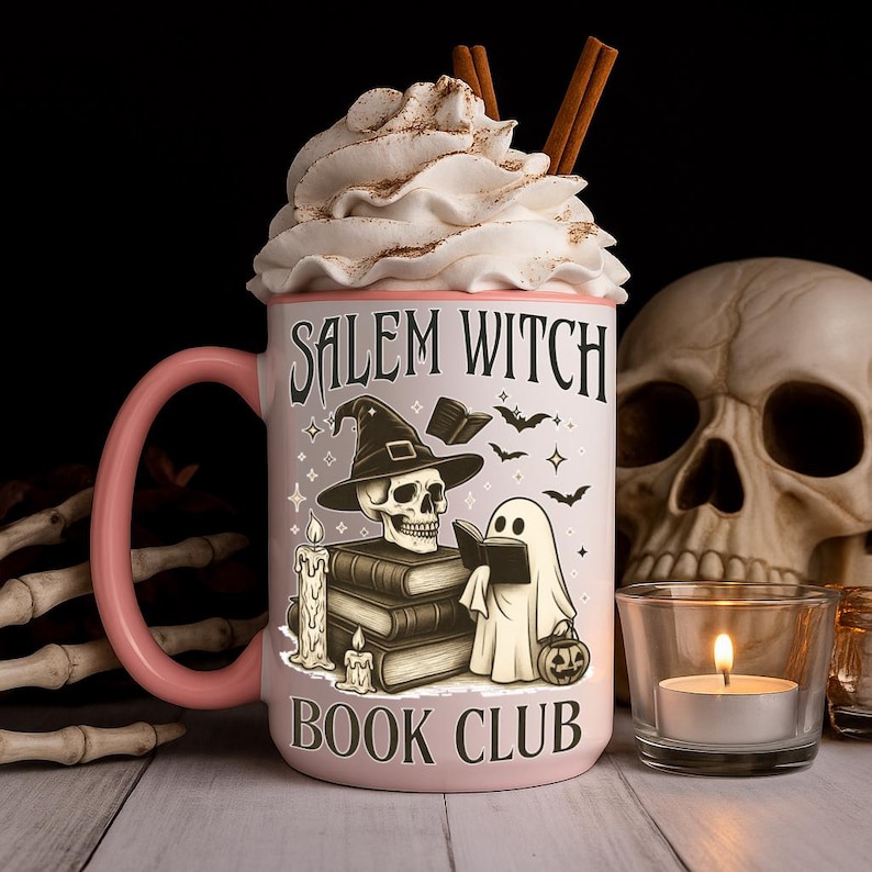 Halloween Ghost Mug, Spooky Witchy Coffee Cup with coffee and whipped creat in a which hut settinf pink and black aestetics
