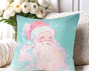 Pastel Santa Christmas Pillow Cover: Whimsical Holiday Couch Decor 4 Colors