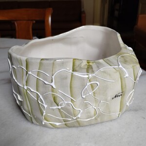 Vintage Bassano Nove Italy Ceramic Planter, Mid Century Modern Organic Wavy Cachepot, Hand Painted Green & White Slip Trail Flower Pot