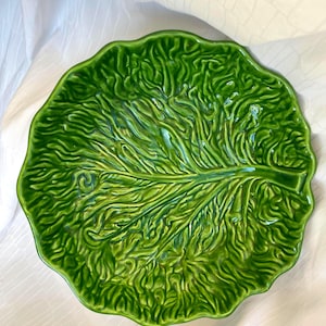 Può includere: Un piatto in ceramica verde brillante a forma di grande foglia di lattuga. Il piatto ha una finitura lucida e venature dettagliate, creando una consistenza realistica. I bordi sono delicatamente smerlati, aggiungendo al design naturalistico.