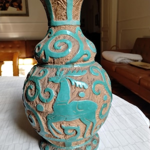 Vaso grande de cerâmica italiana de meados do século XX - Cerâmica Sgraffito dos anos 1950 - Decoração italiana turquesa.