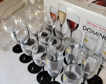 Vintage Luminarc Domino Black Stem Glasses Set of 18, Mid Century French Black Wine Glasses & Flutes In Original Box, Deadstock New