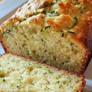 May include: A sliced loaf of zucchini bread. The bread has a golden-brown crust and is flecked with green zucchini pieces. The cut slice reveals the soft, airy texture of the baked bread, a popular baked good.