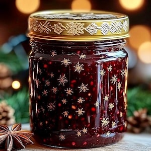 May include: A jar of dark red preserve with gold snowflake decorations. The jar has a gold lid with an embossed design. The background is blurred, featuring bokeh lights, pine cones, and star anise, creating a festive atmosphere.