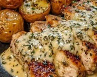 Recette de poulet crémeux à l'ail et de pommes de terre rôties (téléchargement PDF)