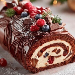 May include: A chocolate Yule log cake, decorated with fresh raspberries, blueberries, and chocolate pieces. The cake is covered in a rich chocolate ganache and dusted with icing sugar, a festive dessert.