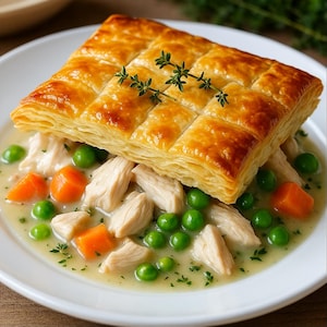 Könnte beinhalten: Eine goldbraune Blätterteigpastete liegt auf einem weißen Teller, gefüllt mit einer cremigen Mischung aus Hühnchen, Erbsen und Karotten.