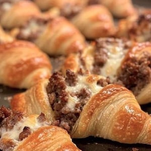 Può includere: Primo piano di diversi croissant cotti al forno, ripieni di un gustoso composto di carne macinata e formaggio fuso. I croissant hanno una crosta dorata e sfogliata, e il ripieno è visibile al centro.
