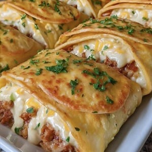 May include: A close-up shot of several golden-brown, folded food items, likely a type of stuffed crepe or wrap. The filling appears to be a mixture of meat, cheese, and possibly vegetables, topped with melted cheese and fresh green herbs. The food is arranged on a white rectangular plate.