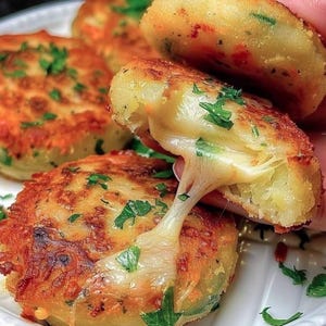 Könnte beinhalten: Nahaufnahme von goldbraunen, runden Kartoffelpuffern mit geschmolzenem Käse, der herausquillt. Frische grüne Kräuter sind darüber gestreut. Im Hintergrund sind weitere Kartoffelpuffer auf einem weißen Teller zu sehen.