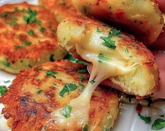 May include: Close-up of golden-brown, round potato cakes with melted cheese oozing out. Fresh green herbs are sprinkled on top. Several other potato cakes are visible in the background, on a white plate.